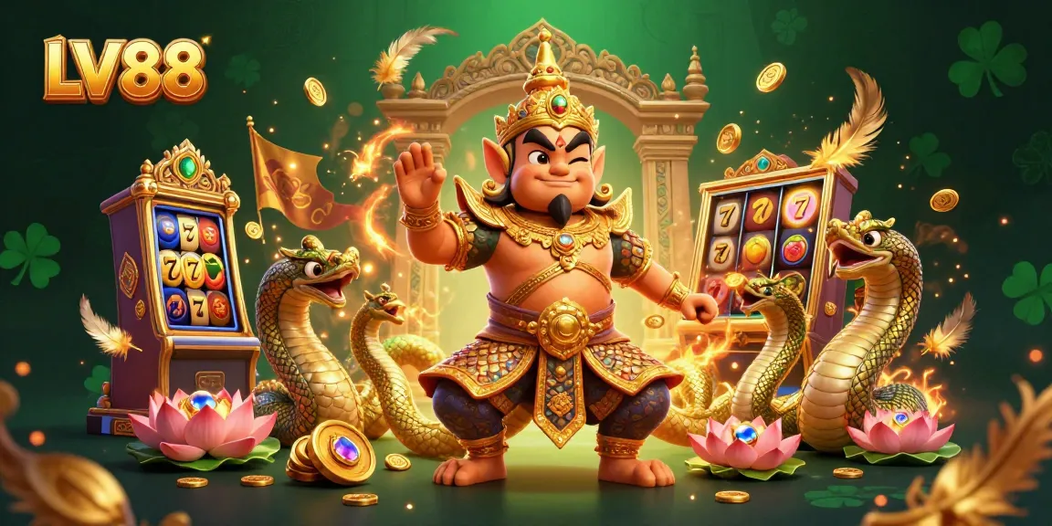 Engage with LV88's thrilling slots scene featuring a guardian and Naga amidst vibrant jackpot elements.