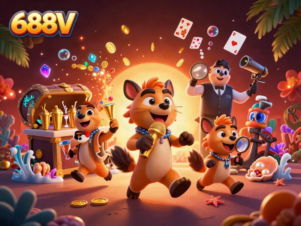 Engage with 688V's exciting casino atmosphere featuring hyenas in a lively setting.