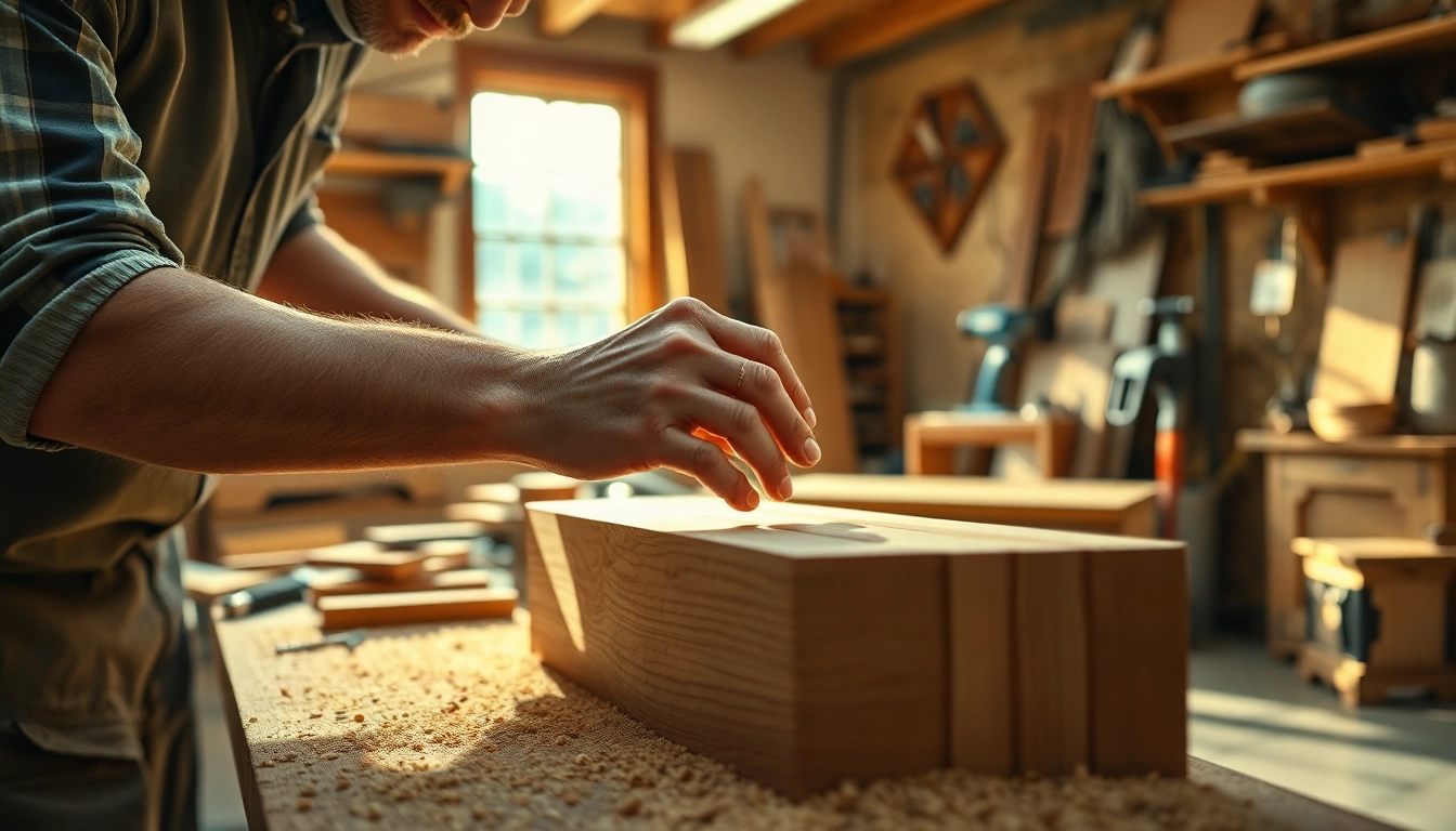 Cabinet maker near me showcasing craftsmanship in a bright workshop filled with tools.