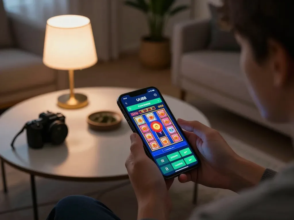Player enjoying UU88 casino app on a smartphone with vibrant slot game display in cozy setting