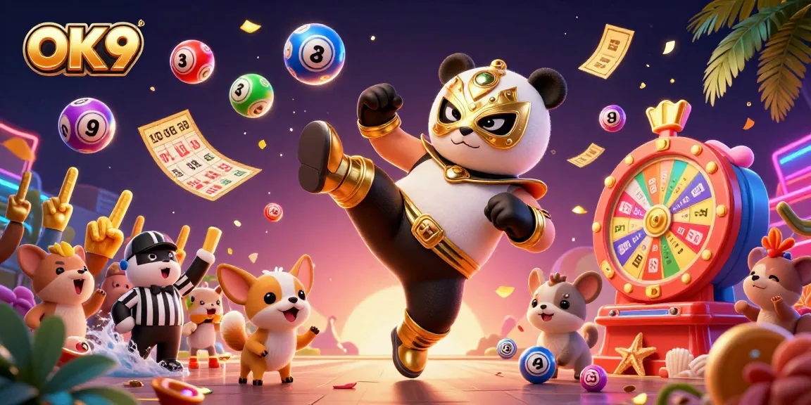 Experience the excitement at OK9 with vibrant lottery elements and a dynamic panda wrestler scene!