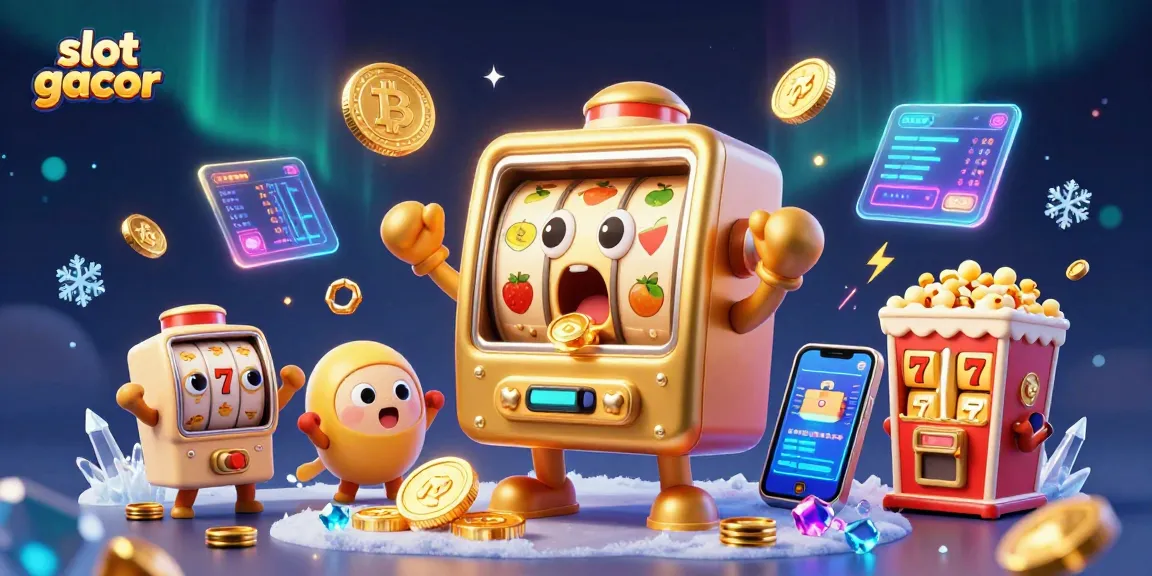 Experience thrill with slot gacor as it hits the jackpot, surrounded by joyful cartoon machines and crypto elements.
