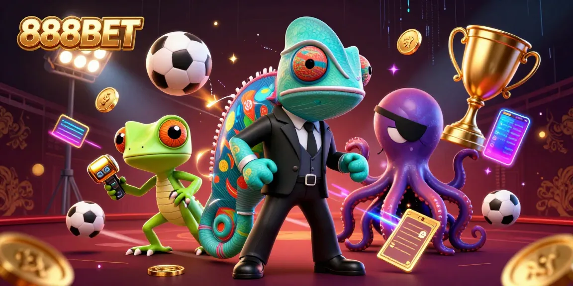 Engage with the exciting dynamics of 888BET as a colorful chameleon and tech-savvy gecko navigate a lively gambling scene.