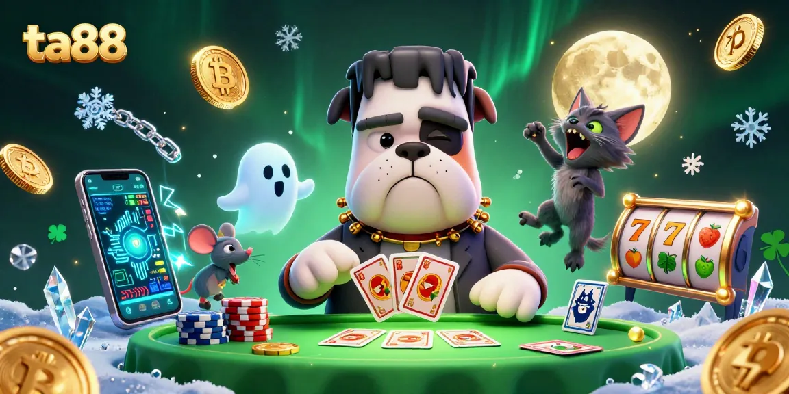 Play exciting slots with ta88, featuring a whimsical Frankenstein bulldog and thrilling casino elements.