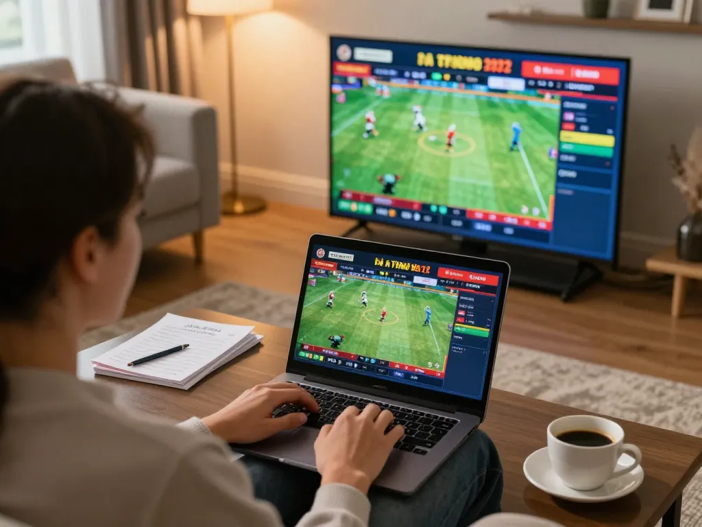 Engaging in đá gà thomo betting through a live stream on a laptop.