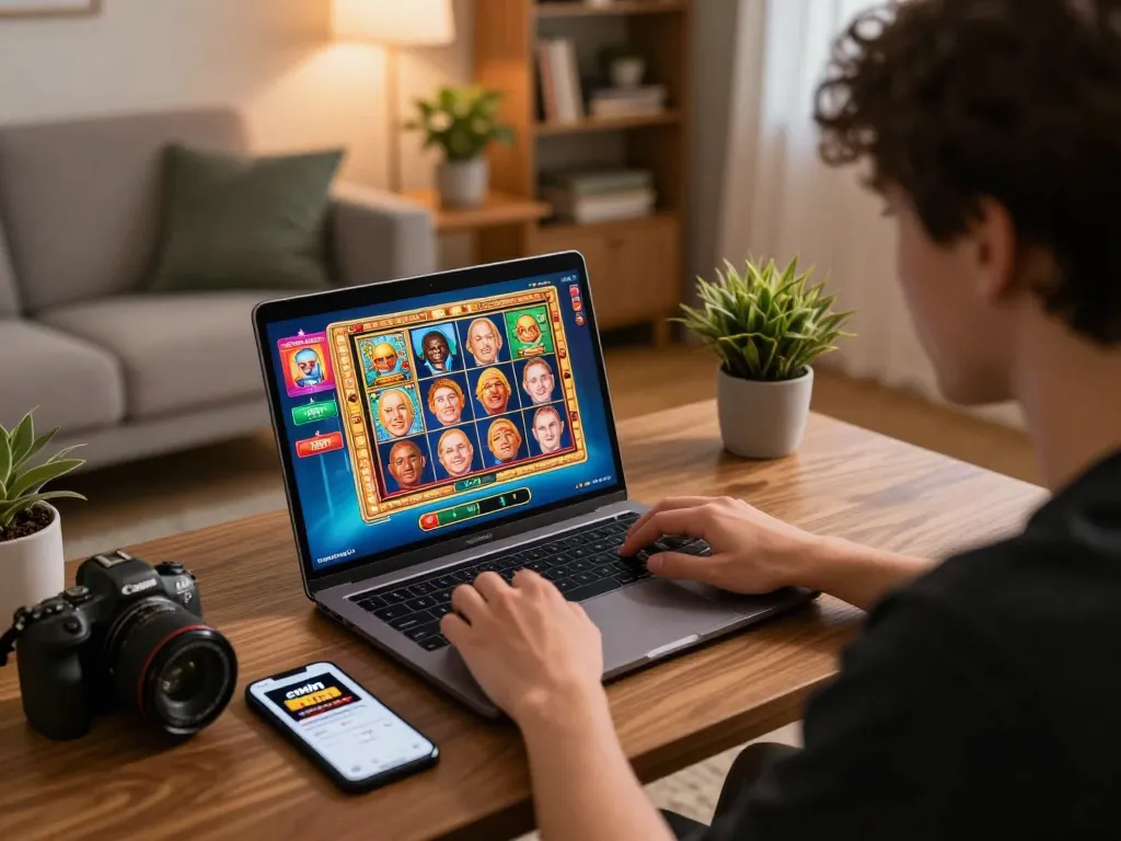 Cwin online gaming setup with a focused player engaging in thrilling slot machine action