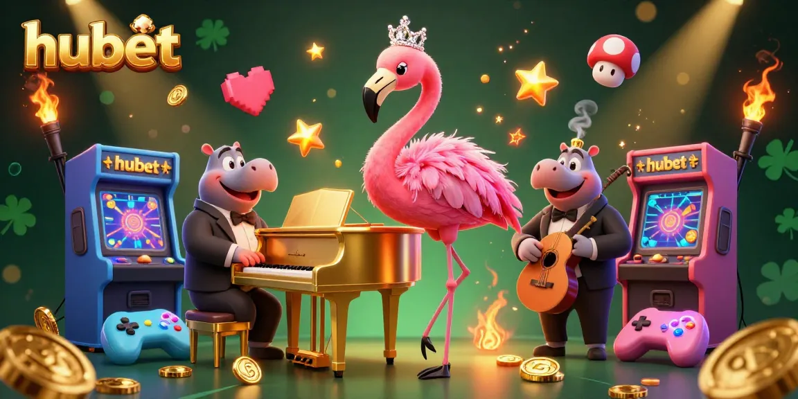 Experience vibrant gameplay at hubet with a lively scene showcasing a flamingo singer and hippo bassist in an immersive casino.