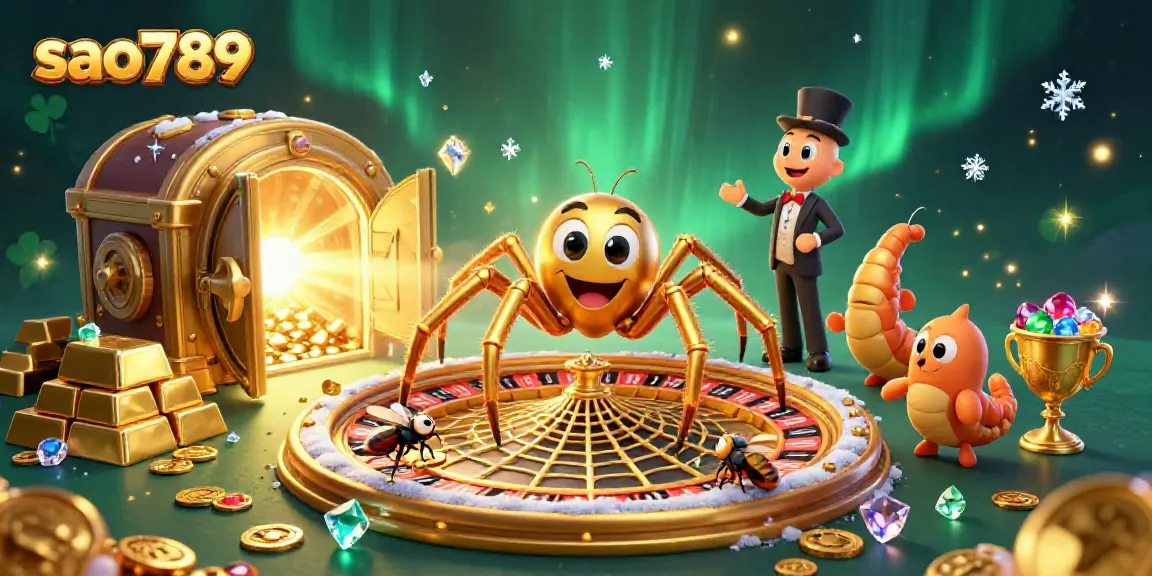 Engage in thrilling gameplay at sao789 with a vibrant, interactive casino scene featuring a golden spider spinning a roulette web.