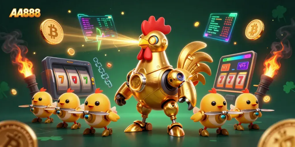 Engage with the lively AA888 slot scene, showcasing a golden rooster robot and cute chick drones amidst neon coins.