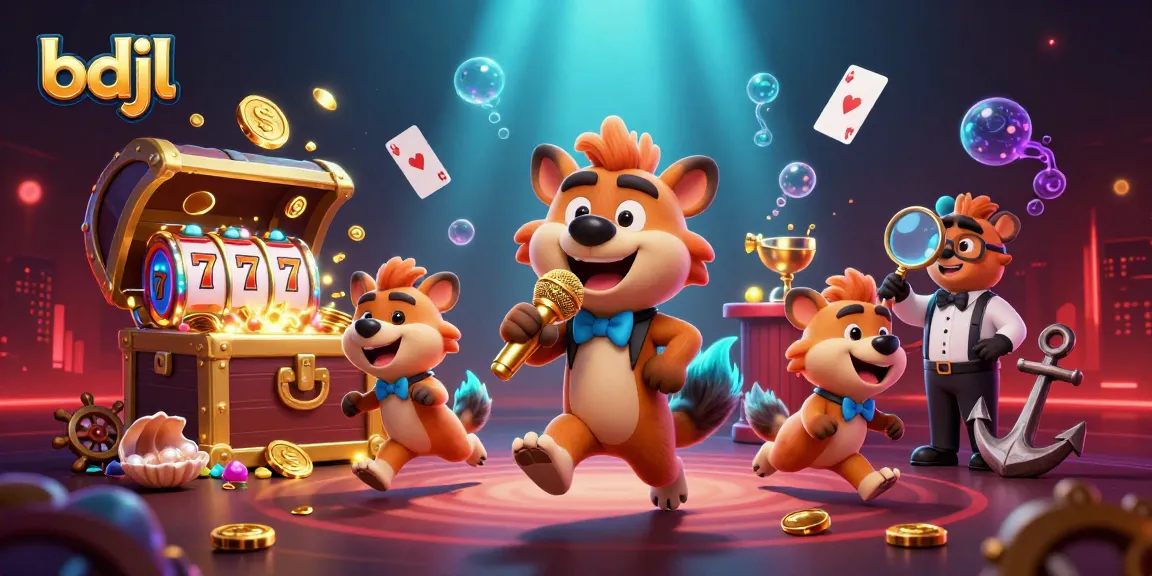 Engage with bdjl's vibrant casino scene featuring hyena comedians, slot reels, and gold coins.