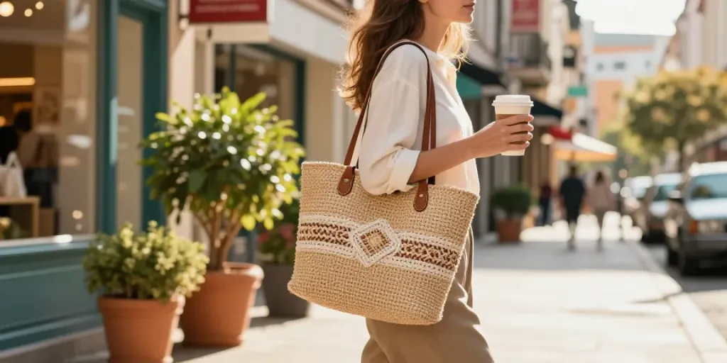 Chic woman carrying a handcrafted sac en raphia while enjoying a coffee in a vibrant urban setting.