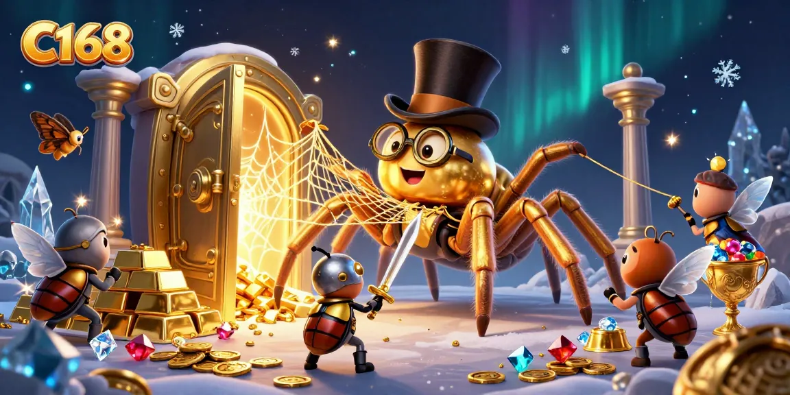 C168 engages players with a dynamic scene showcasing a golden tarantula and exciting casino elements.