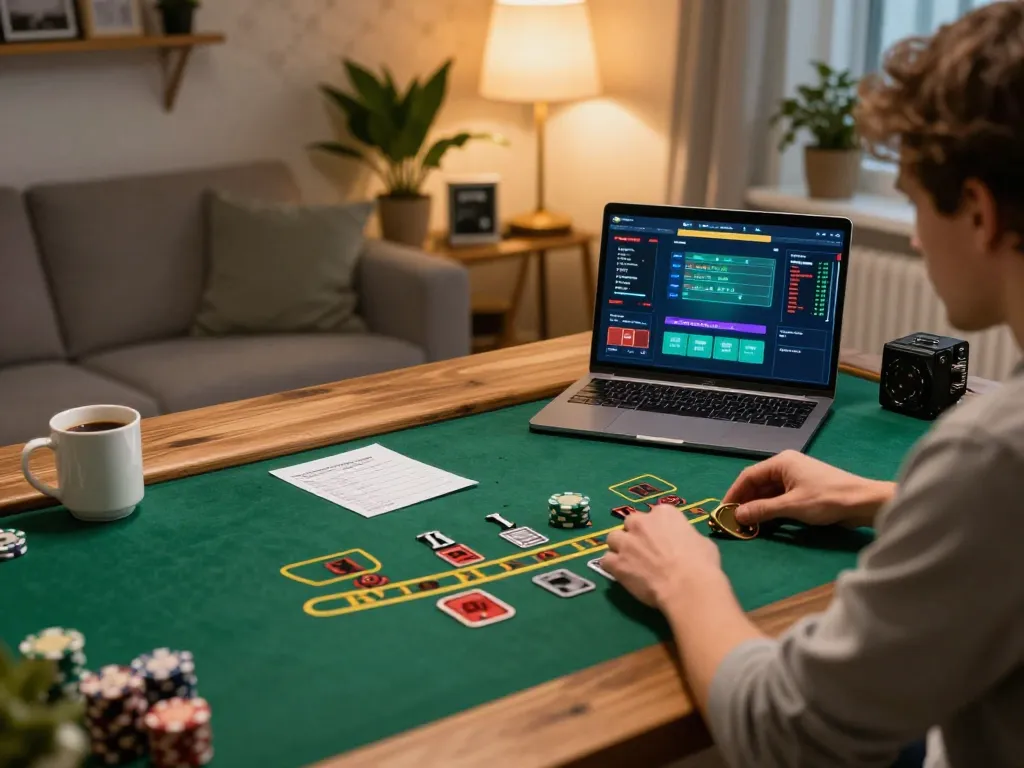 va88 player engaging in live dealer blackjack online in a cozy home office environment