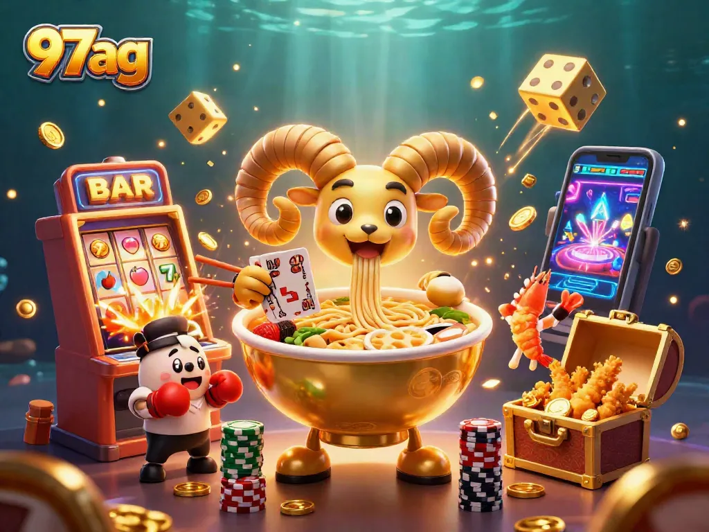 97ag illustrates a vibrant casino scene with a lively golden ramen bowl dealer, slots, and cheering sushi.