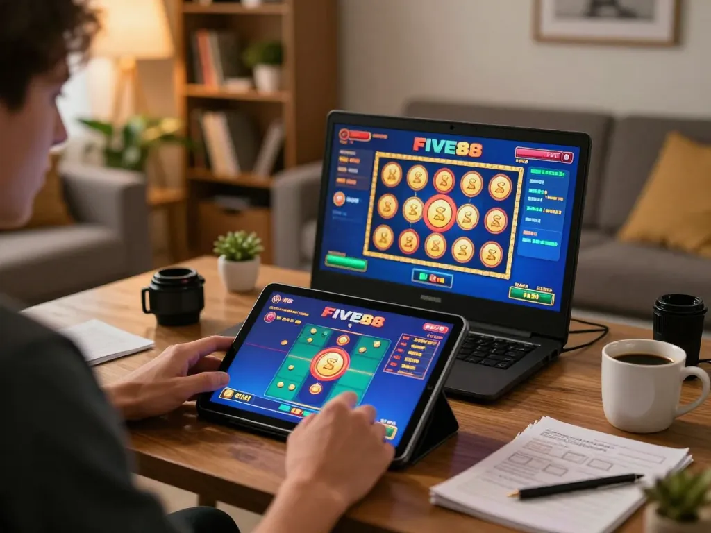 Player engaging with the FIVE88 online casino game interface in a cozy home setting.