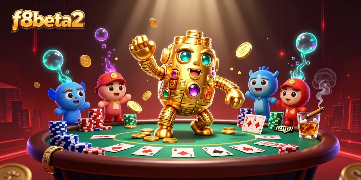 Engage with the vibrant f8beta2 casino scene featuring animated gold golem and poker elements.