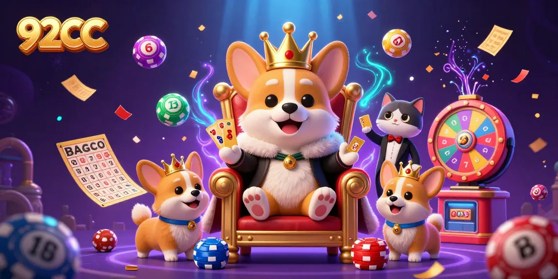 Engage in thrilling games at 92CC with vibrant lottery balls and a royal corgi scene.