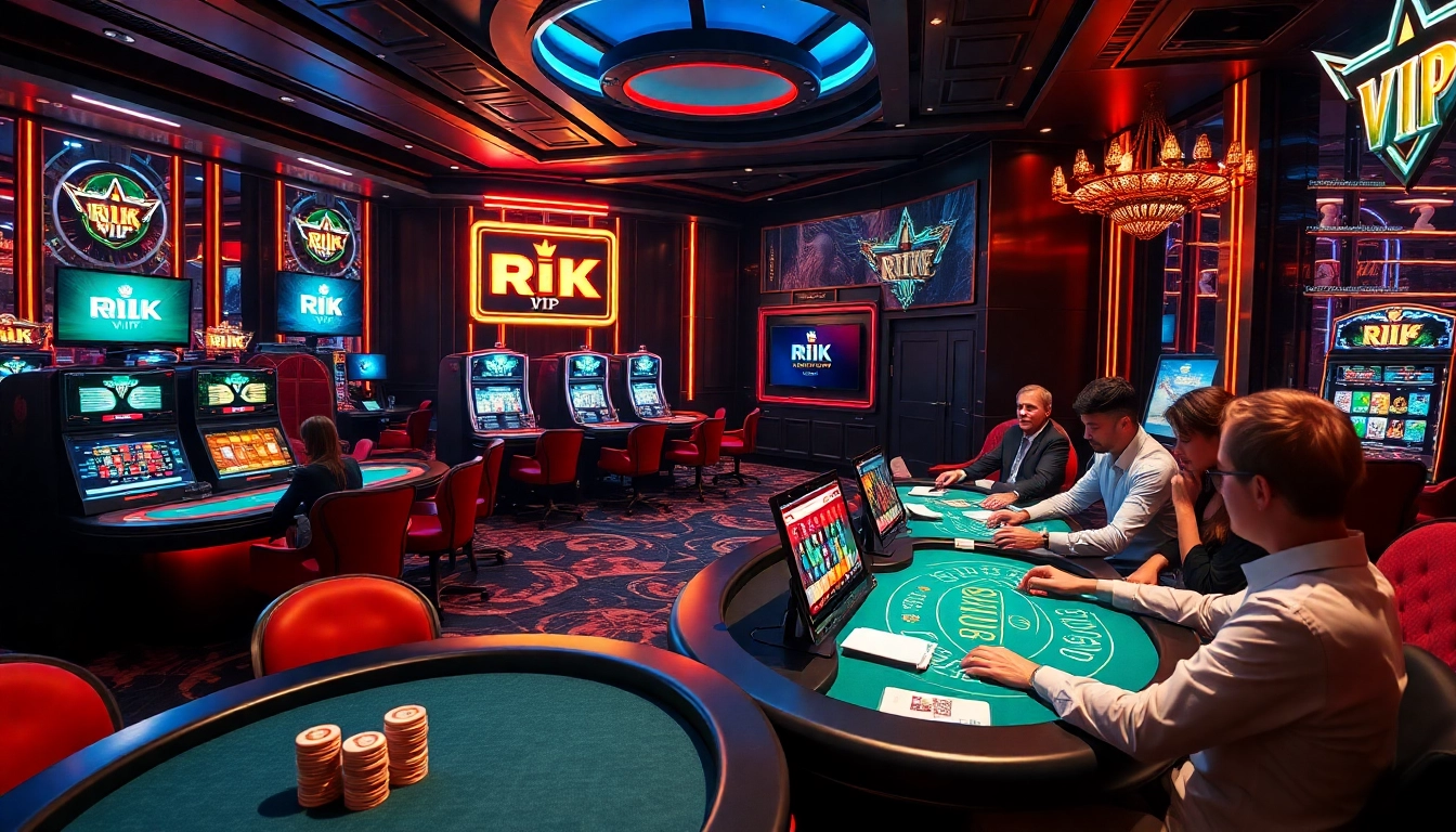Experience luxury gaming with RIK VIP, showcasing poker chips and vibrant slot machines in a casino.