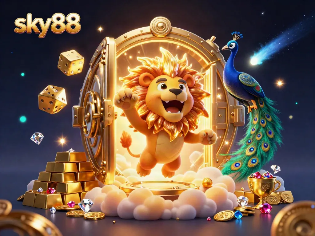 Experience thrilling gameplay at sky88 with a dynamic panoramic 3D casino scene featuring vibrant treasures.