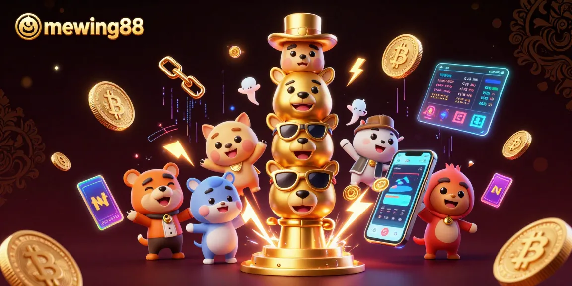 Spin the reels with mewing88's vibrant 3D fantasy casino, featuring glowing crypto coins and whimsical characters.