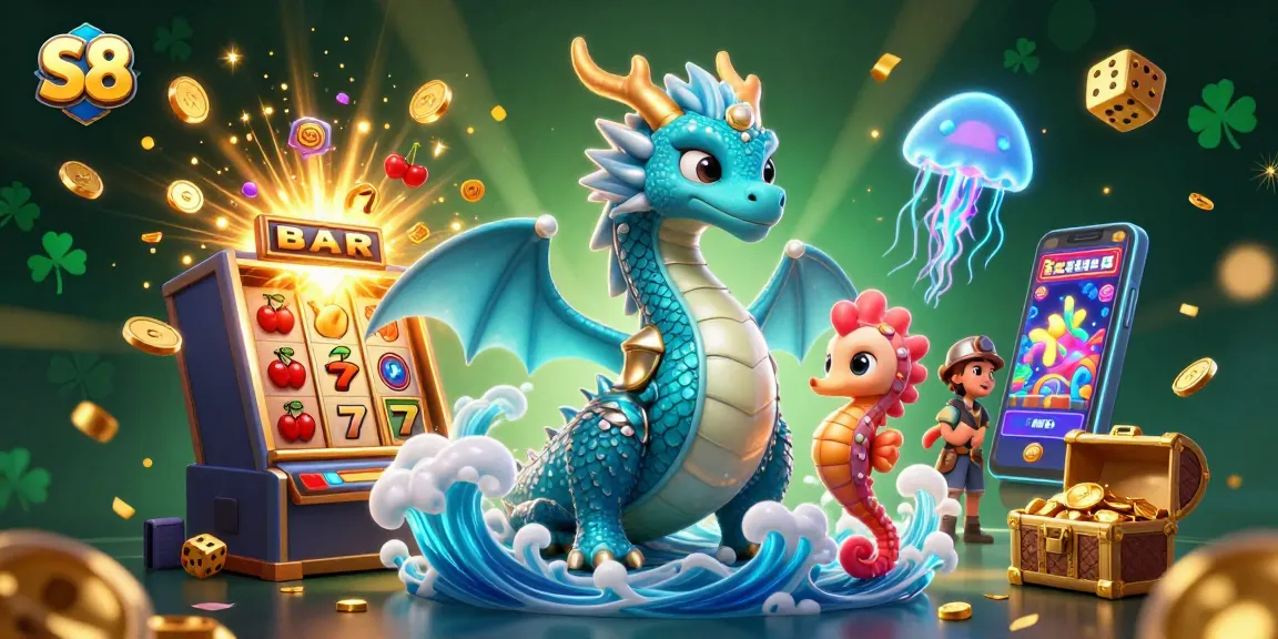 S8 features an enchanting casino scene with a dragon, seahorse knight, and vibrant gaming elements, capturing the thrill of gaming.