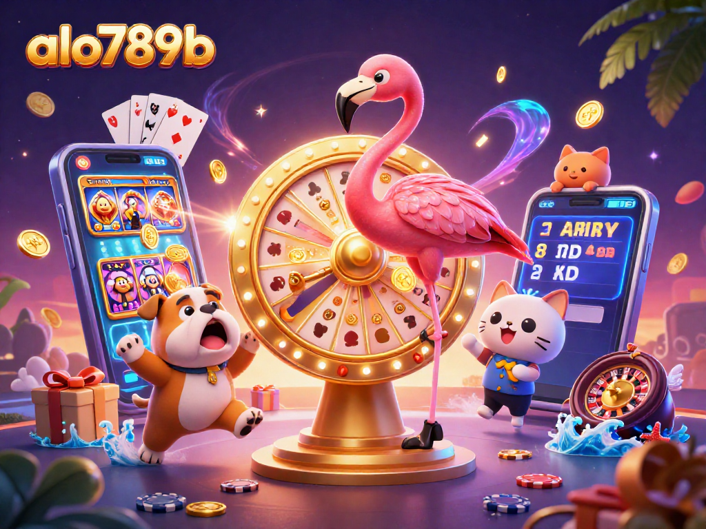 Experience excitement at alo789b with a vibrant game show scene featuring a flamingo, bulldog, and prizes.