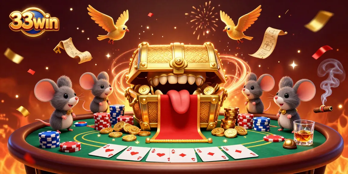 33win gamblers delight in a vibrant casino scene full of treasure, poker chips, and excitement