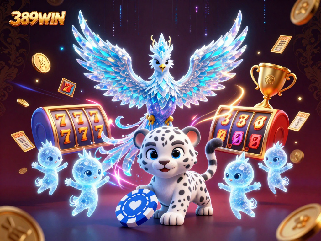 Spinning with excitement at 389WIN's thrilling slot experience featuring an ice phoenix and vibrant elation.