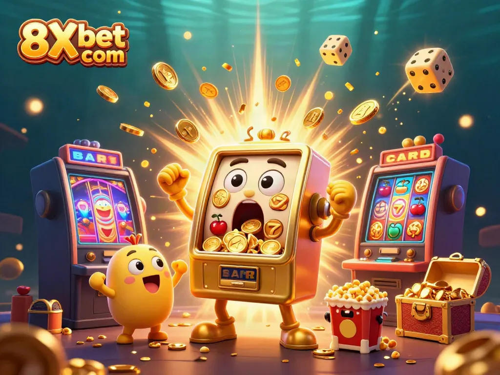 Experience the thrill of gaming with 8Xbet com as golden slot machines celebrate jackpots amid a vibrant casino scene.