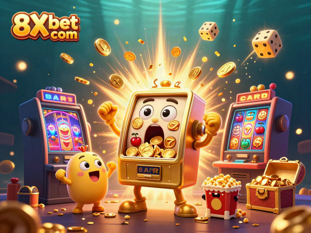 Experience the thrill of gaming with 8Xbet com as golden slot machines celebrate jackpots amid a vibrant casino scene.