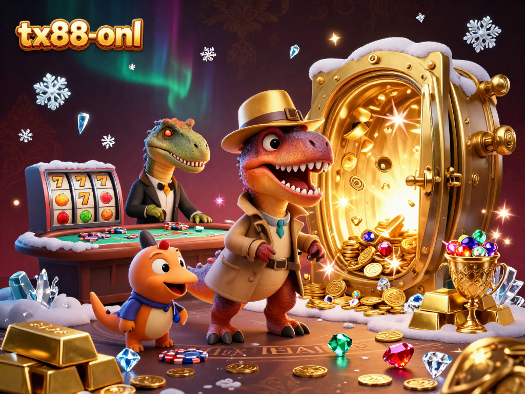 Experience the excitement of tx88-onl with a cartoon velociraptor at a blackjack table, amidst vibrant casino elements.