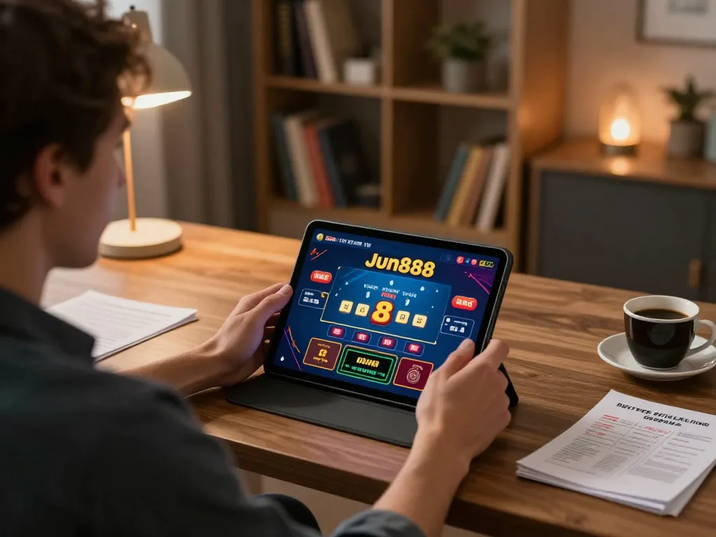 Player engaging with Jun888 online casino on a tablet in a cozy home office.
