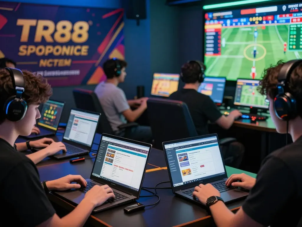 TR88 online betting scene showcasing diverse gamers engaged in sports and casino activities, highlighting the vibrant atmosphere of modern gambling.