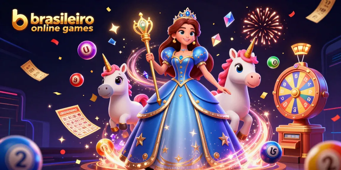 Engage with vibrant brasileiro online games showcasing a royal character, colorful lottery balls, and a magical unicorn.