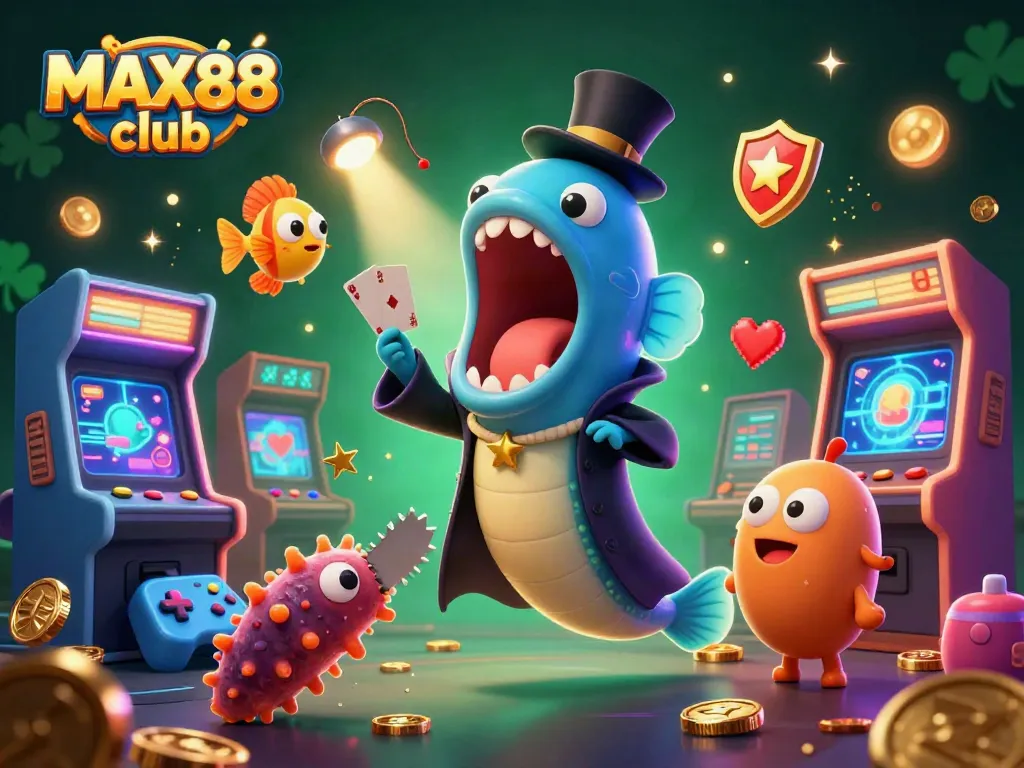 Experience the excitement at MAX88 club with this vibrant casino-themed illustration featuring whimsical sea creatures.
