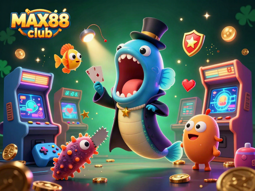 Experience the excitement at MAX88 club with this vibrant casino-themed illustration featuring whimsical sea creatures.