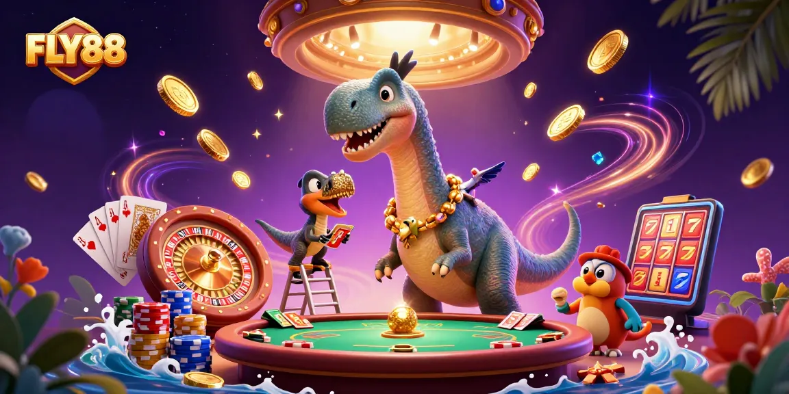 Engage with FLY88 in a vibrant casino scene featuring a dinosaur dealer and dynamic game elements.