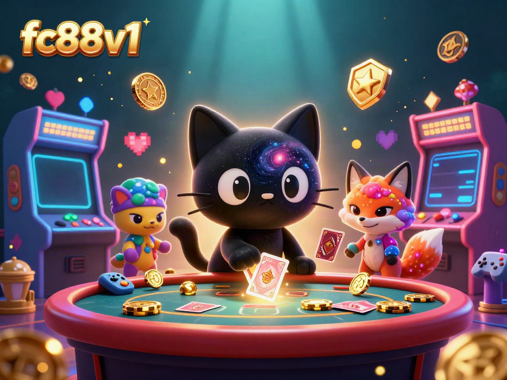 Experience the vibrant cosmic casino world of fc88v1 as a black hole cat and a nebula fox entertain with dazzling chips and cards.
