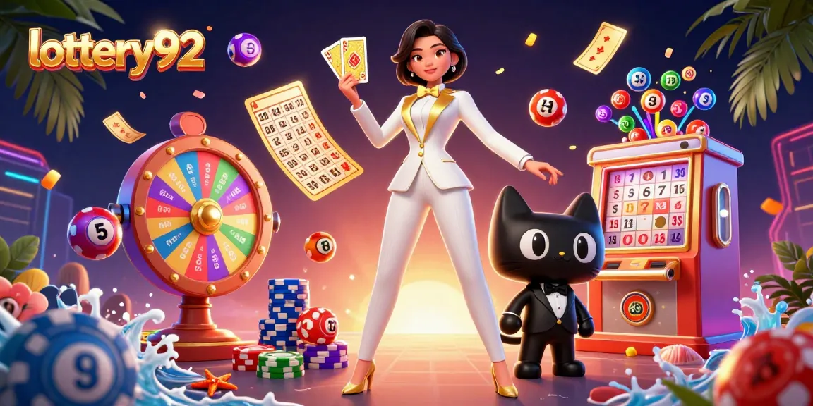 Engage with lottery92 while exploring colorful lottery balls and a glamorous card dealer.