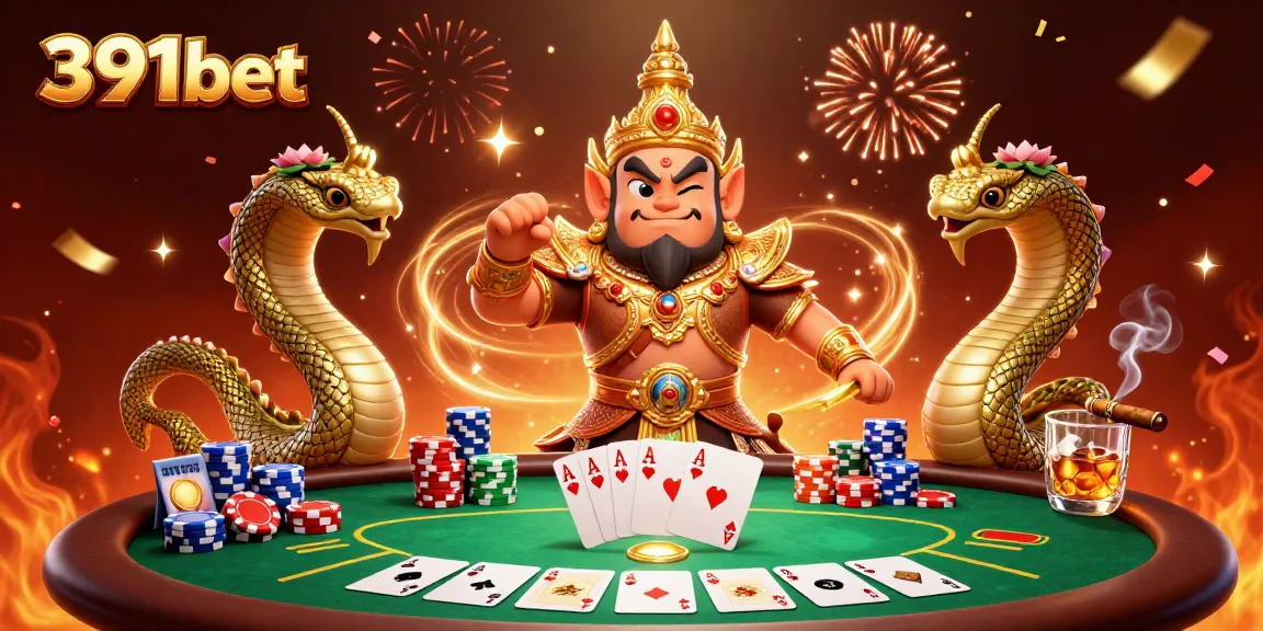 Engage with 391bet where a cartoony fantasy scene unfolds at a poker table with vibrant elements.
