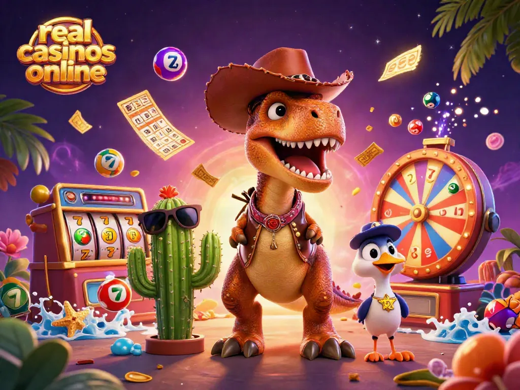 Experience the thrill of real money casinos online with a vibrant 3D dinosaur scene showcasing exciting game elements.