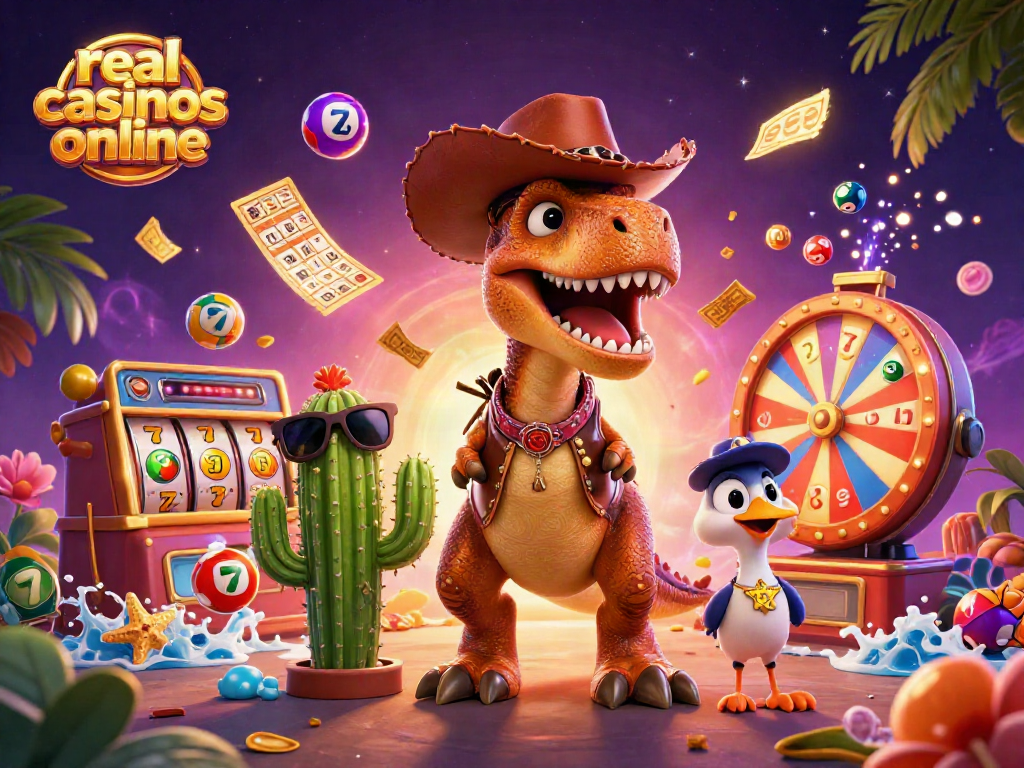 Experience the thrill of real money casinos online with a vibrant 3D dinosaur scene showcasing exciting game elements.