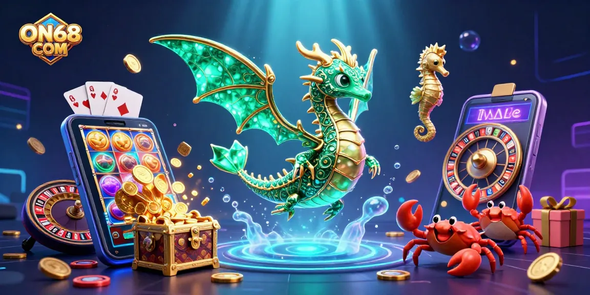 Win big at ON68 COM with a vibrant 3D illustration of a sea dragon amidst casino elements.