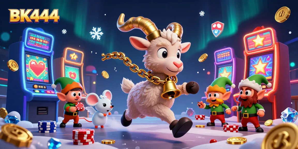 Engage with BK444's vibrant gaming scene, showcasing a festive Krampus in a casino with dynamic action.