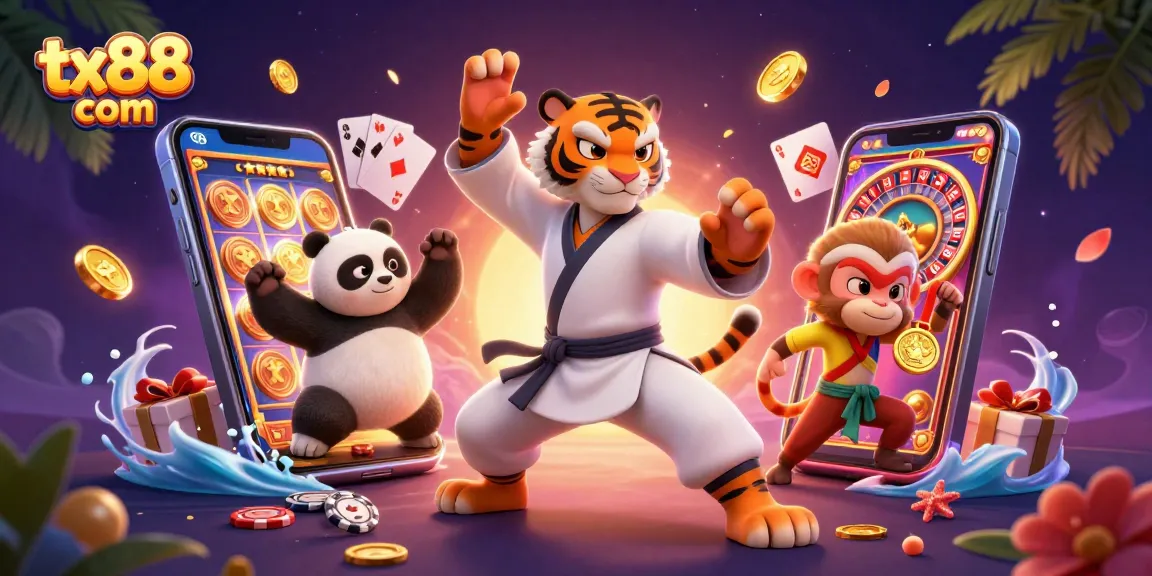 Experience the action with tx88 com in this vibrant 3D casino illustration featuring playful characters.