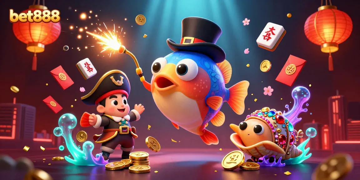 Engage with bet888's vibrant 3D casino scene featuring an anglerfish and golden treasures.