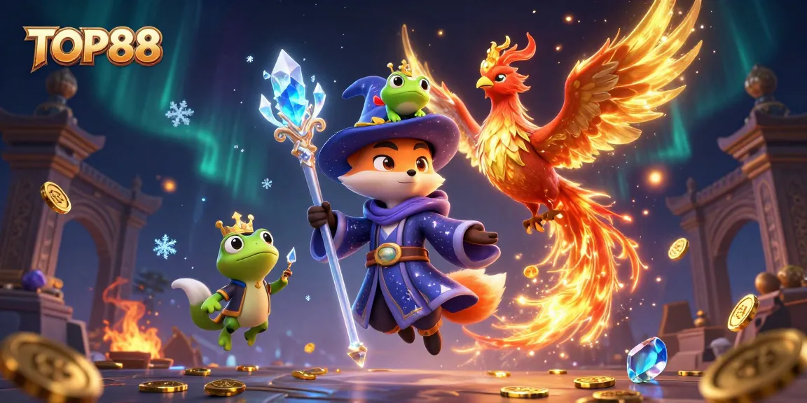 TOP88 players winning big with a mystical wizard fox and phoenix in vibrant casino scene