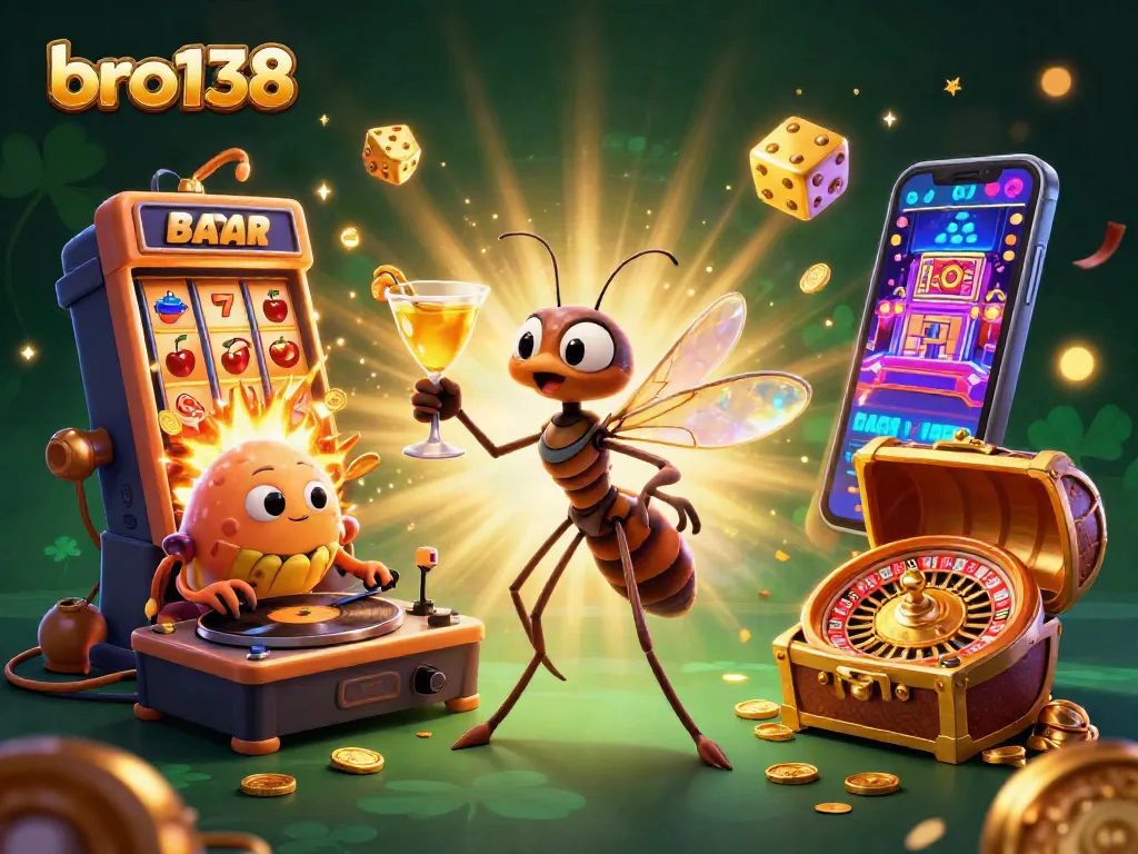 Spin to win with bro138, a vibrant 3D scene showcasing slot machines and casino excitement.