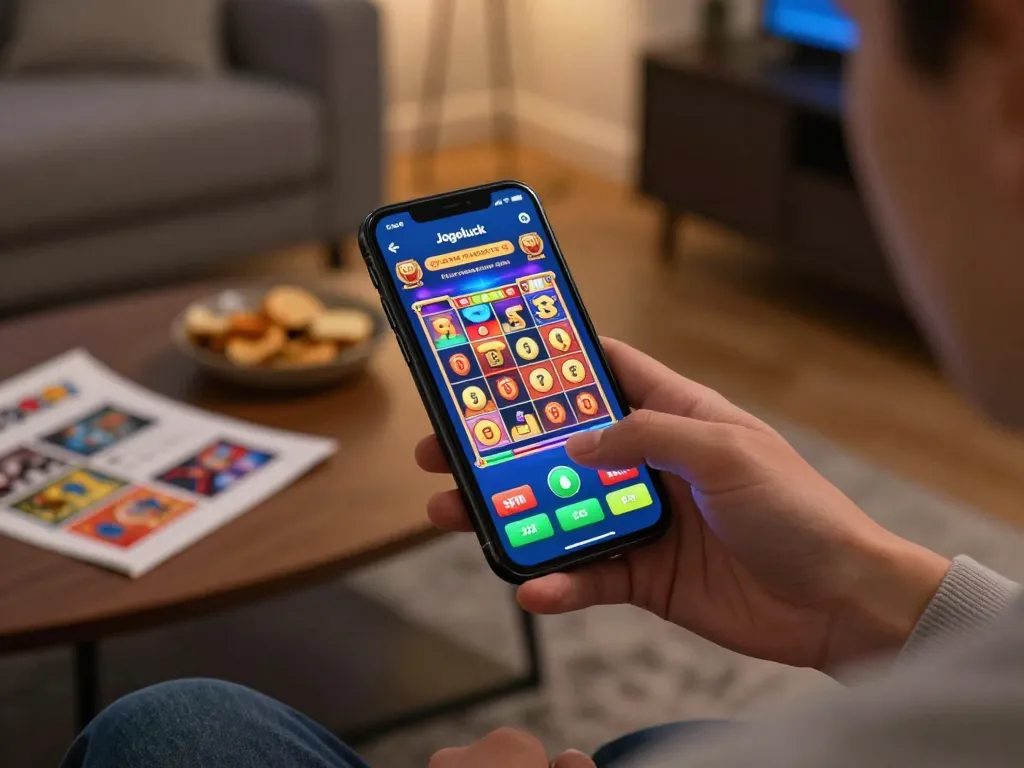 Join the fun at Jogoluck app showing exciting slot game interface on smartphone.