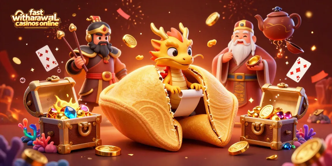 Experience fast withdrawal casinos online with this vibrant 3D illustration featuring a fortune cookie and dragon.
